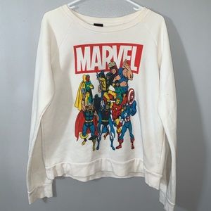 White crew neck with marvel heroes
